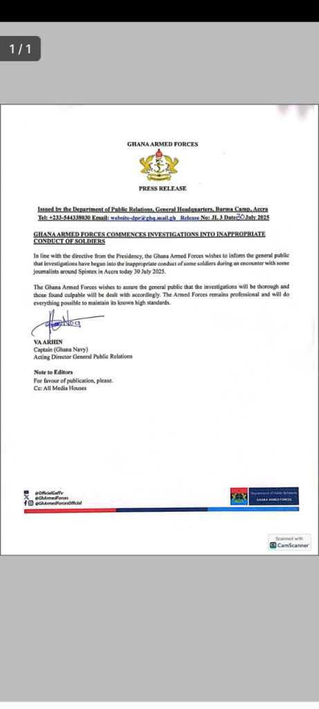 Ghana Armed Forces launch investigation into soldiers’ misconduct against journalists at Spintex