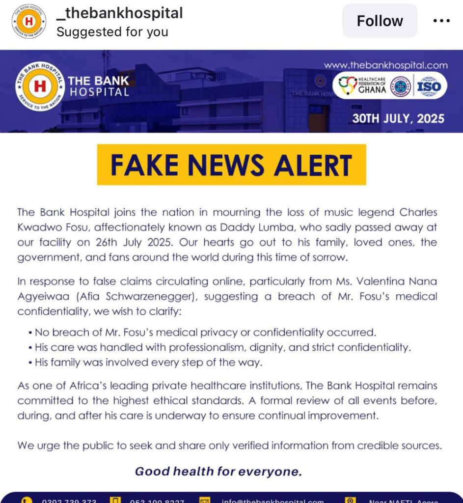 Bank Hospital denies breach of confidentiality in Daddy Lumba’s passing