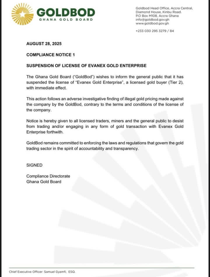 GoldBod suspends Evanex Gold Enterprise over illegal pricing