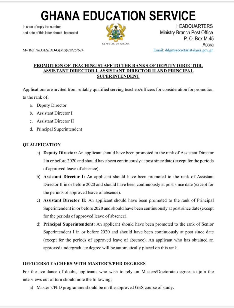 GES opens applications for teacher promotions to senior ranks