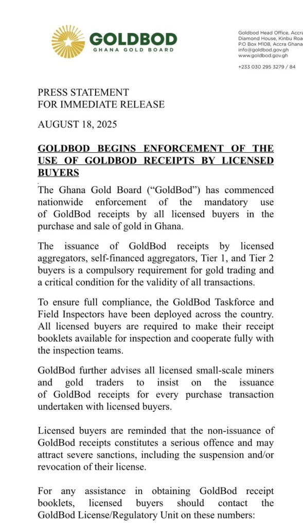 GoldBod directs mandatory use of receipts to curb illicit gold trade