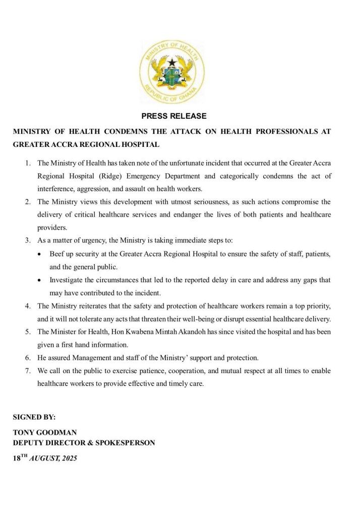 Health Ministry condemns attack on health workers at Ridge Hospital