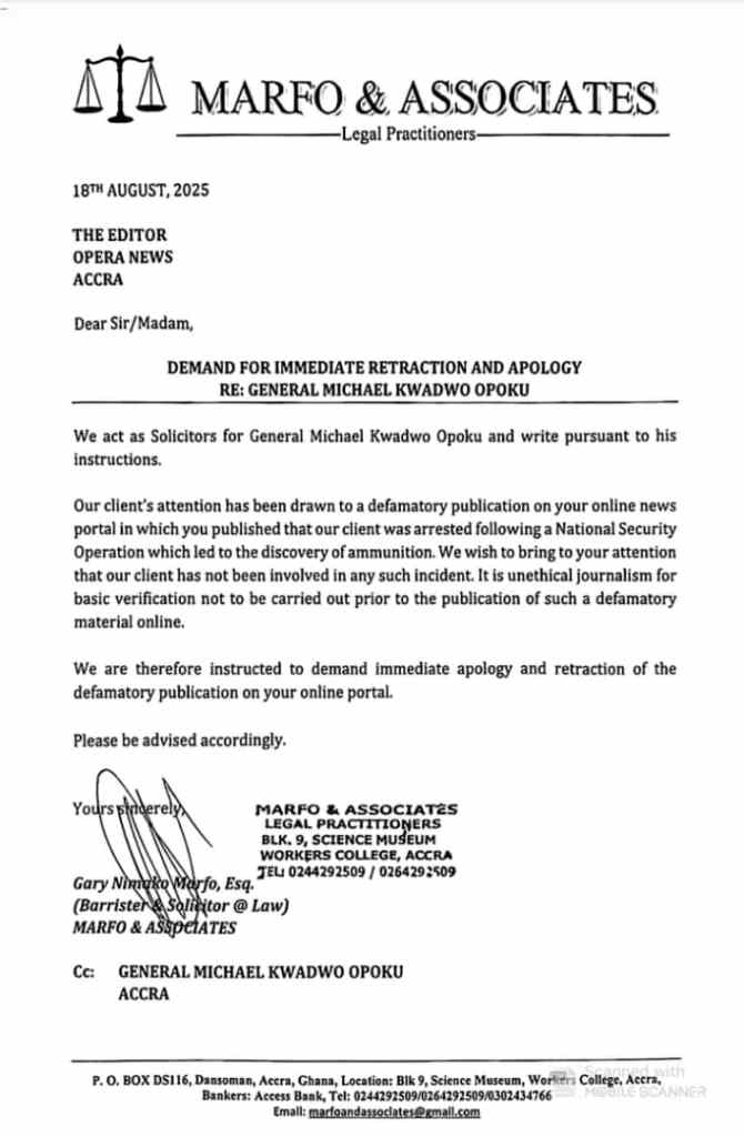Brigadier Gen. Opoku demands retraction of defamatory report by Opera News