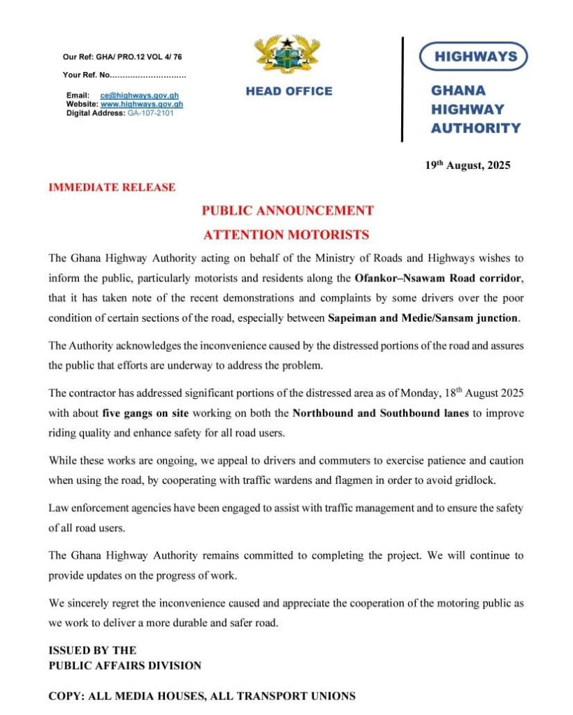 Ghana Highway Authority scrambles to fix Ofankor-Nsawam road after motorists’ fury