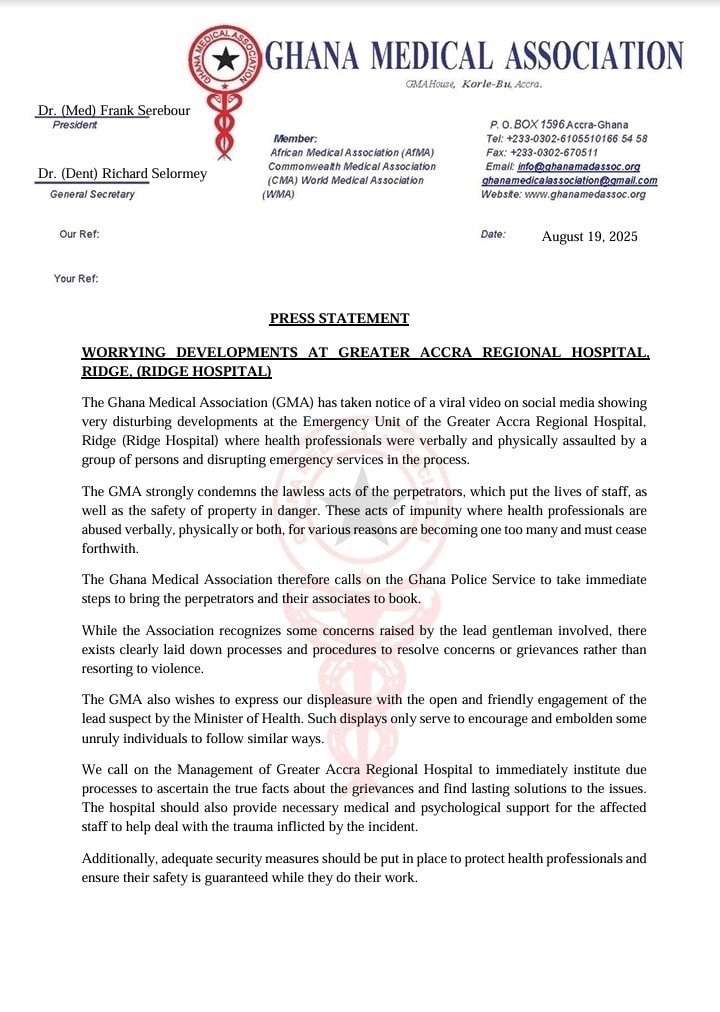 GMA slams Health Minister over “friendly engagement” with Ridge Hospital attackers