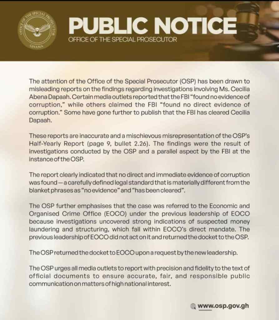 OSP slams media, EOCO in Cecilia Dapaah Case: “Not cleared,” probe points to money laundering