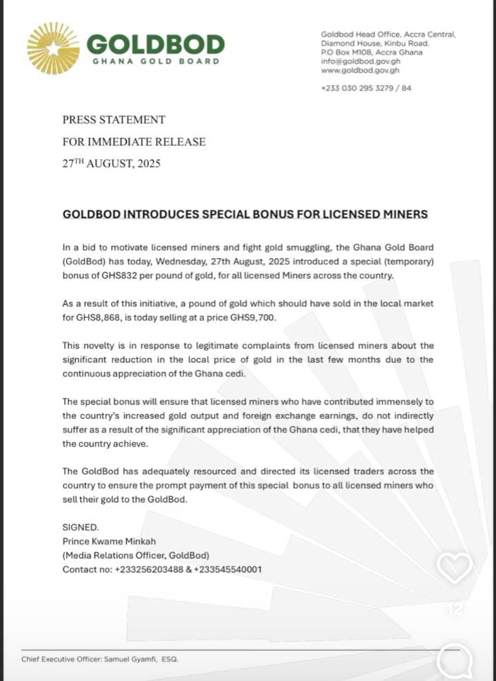 GoldBod rolls out GHC832 special bonus for licensed miners