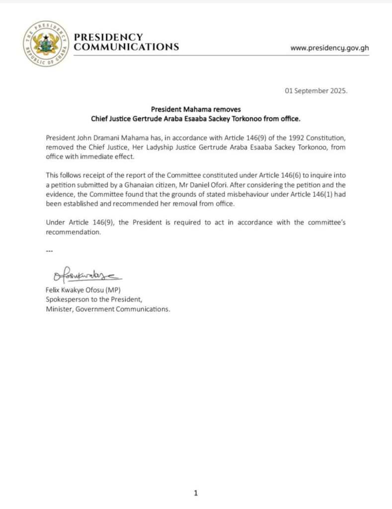 BREAKING: President Mahama sacks Chief Justice Torkornoo from office