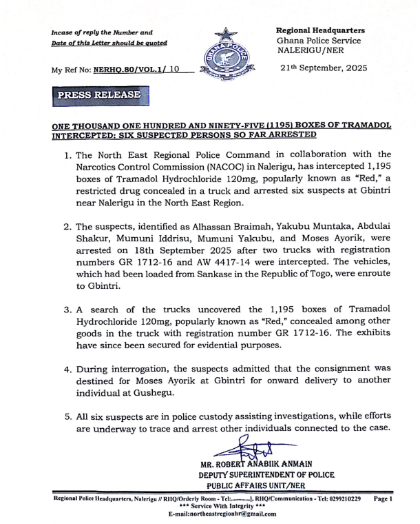 Police seize 1,195 boxes of Tramadol in North East Region