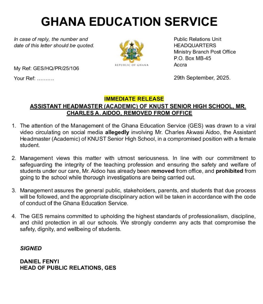 GES removes KNUST SHS assistant headmaster after video shows him in intimate act with student