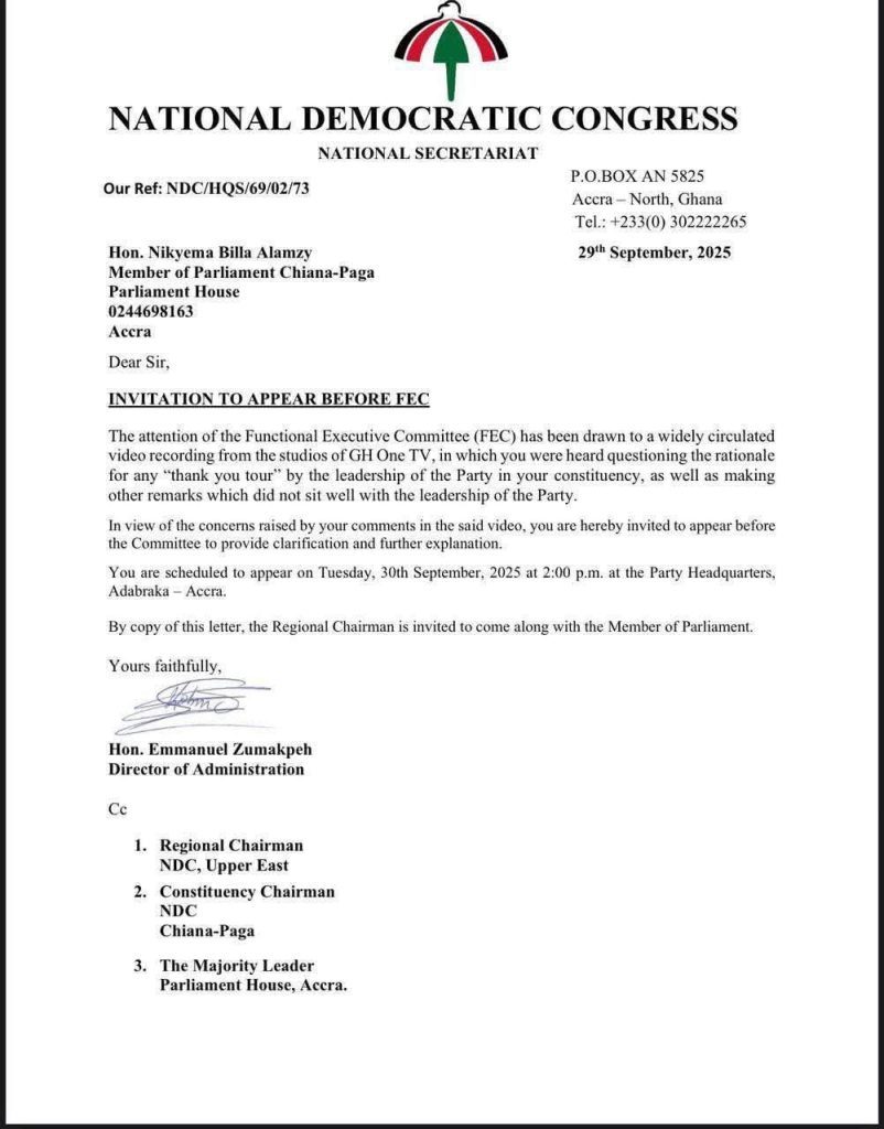 Chiana-Paga MP summoned before NDC committee over anti-Thank You Tour comments