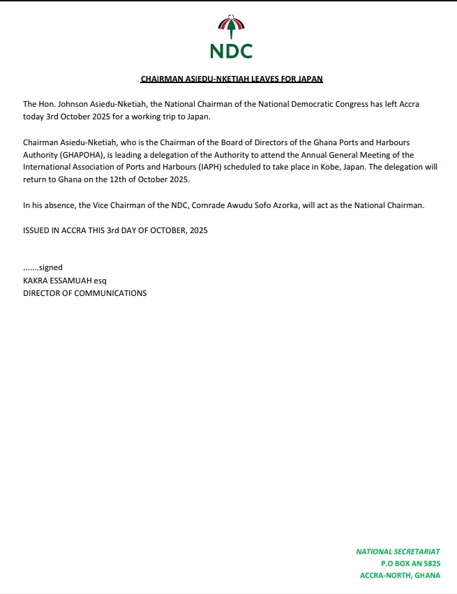 Johnson Asiedu Nketia leaves for Japan