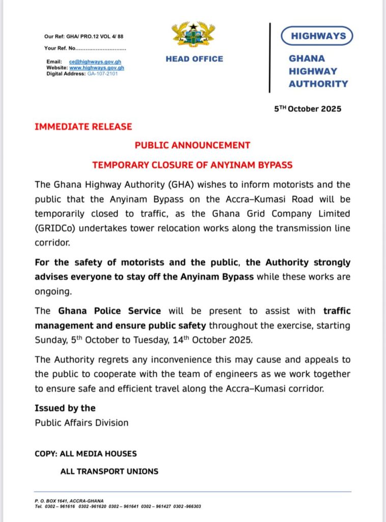 Motorists warned of temporary closure of Anyinam bypass on Accra-Kumasi road