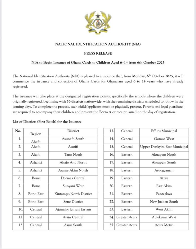 NIA begins issuance of Ghana cards to children aged 6–14