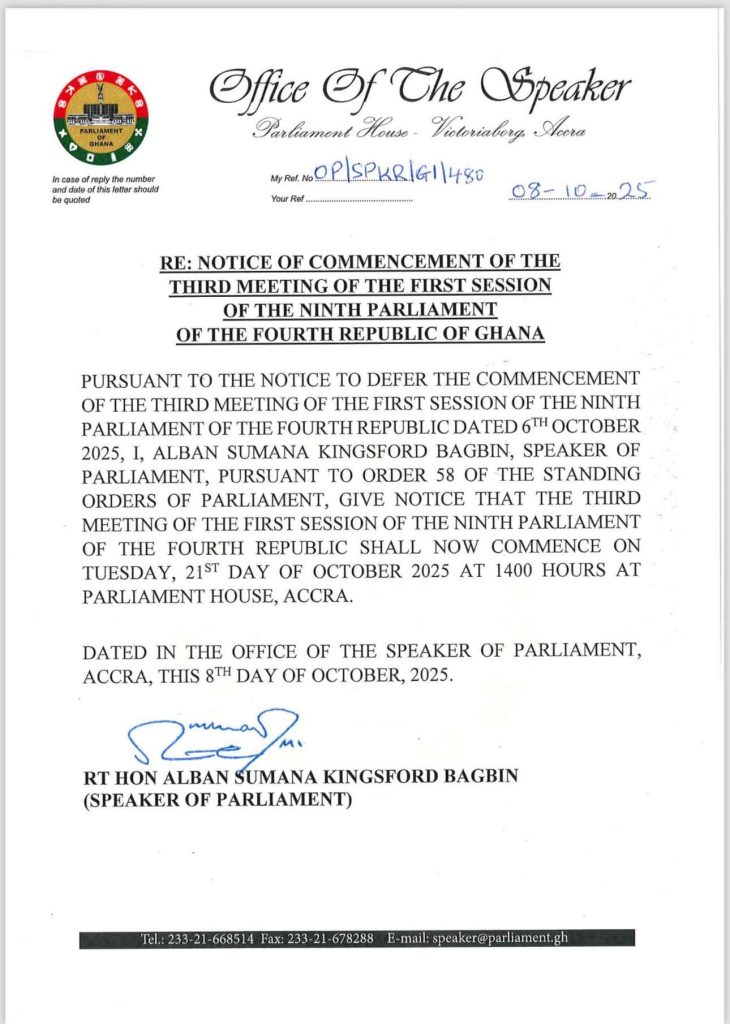 Parliament to reconvene on 21 October