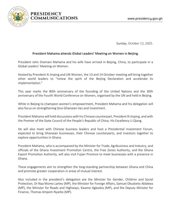 President Mahama attends Global Leaders’ Meeting on Women in Beijing