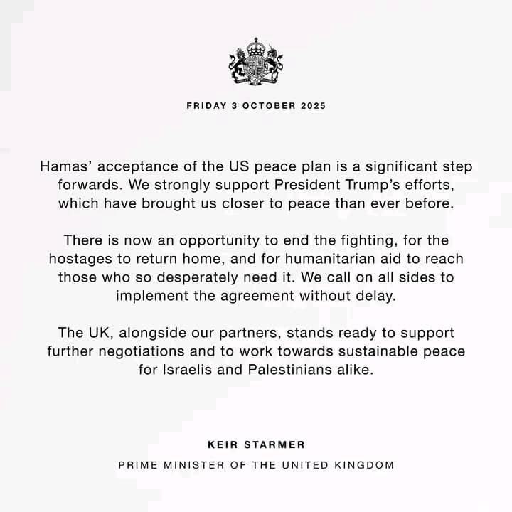 UK PM Starmer hails Hamas’ acceptance of Trump peace plan as ‘significant step forward’