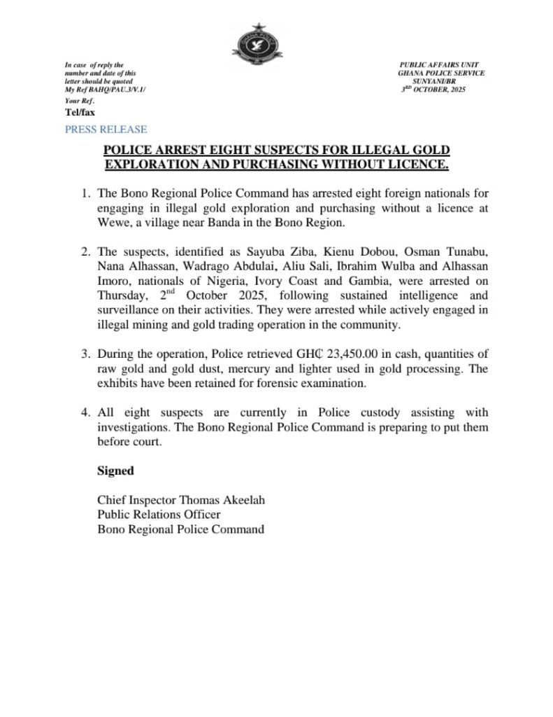Bono Police arrest eight foreign nationals over illegal gold operations