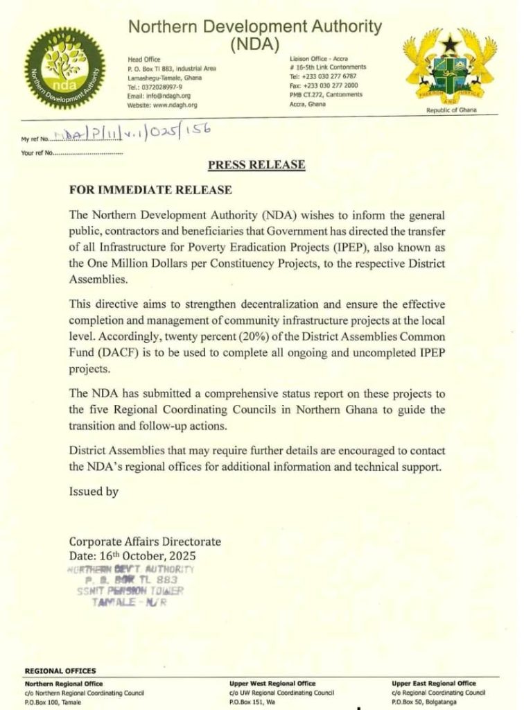NDA directs transfer of IPEP projects to District Assemblies to strengthen local development