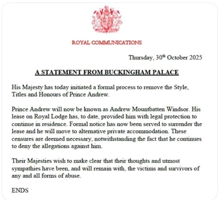 King Charles strips Prince Andrew of all royal titles amid Epstein fallout