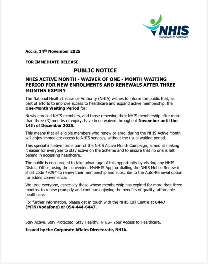 NHIS waives one-month waiting period for new and returning members