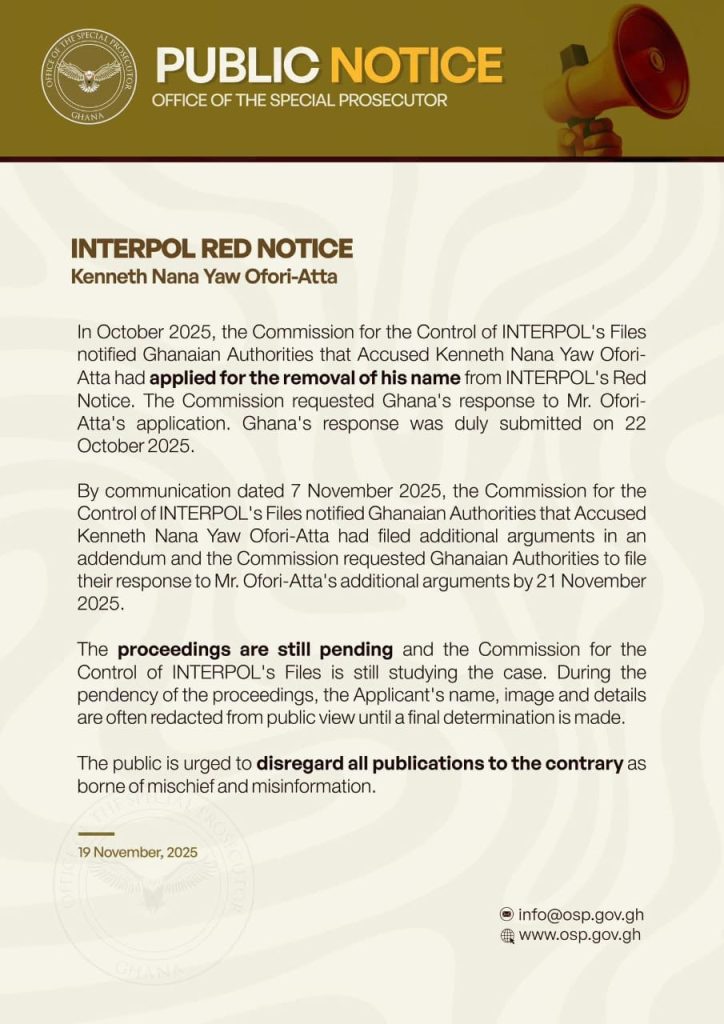 INTERPOL Red notice on Ken Ofori Atta still pending