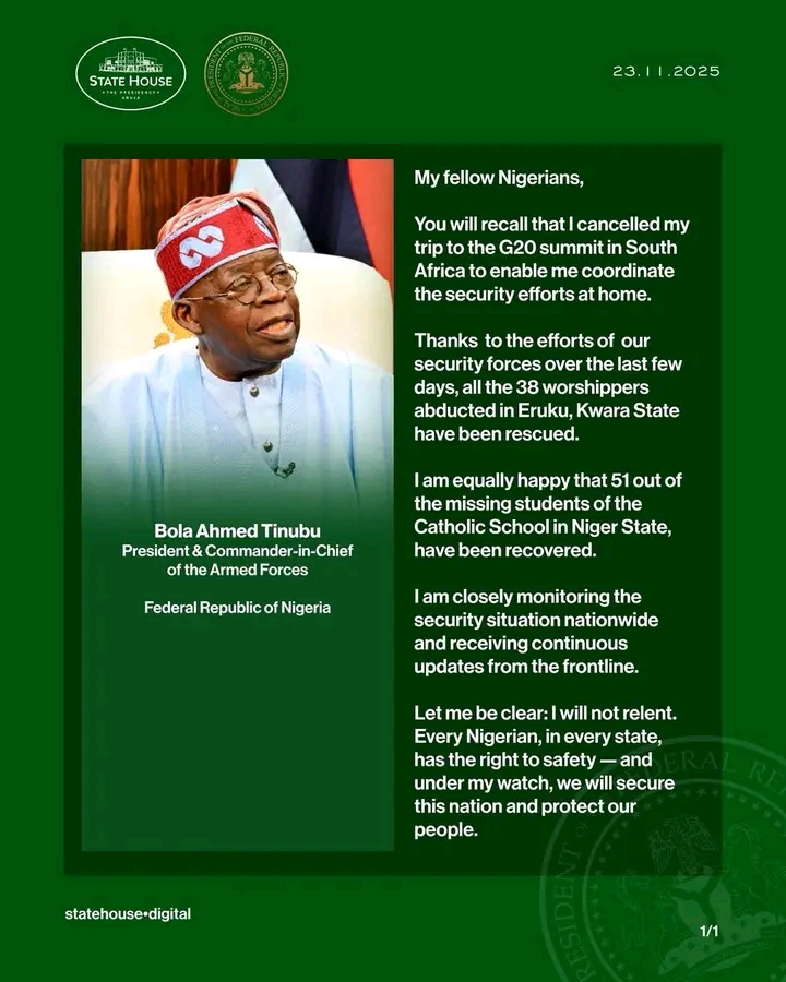 Tinubu scraps G20 Summit, leads security effort that freed dozens