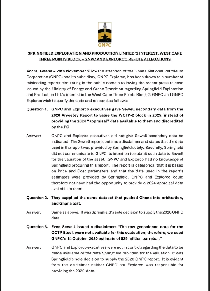 GNPC, Explorco refute claims of withholding data in Springfield valuation